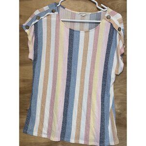 Above & Beyond Top Blouse Pink Blue Pastel Stripe Ribbed Short Sleeve Womens Med